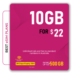 10GB eSIM plan for $22 with unlimited calls and texts in Australia, valid 28 days, plus up to 500GB banking data.
