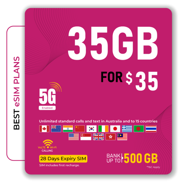 35GB eSIM plan for $35 with unlimited calls and texts in Australia and 15 countries, 5G enabled for fast mobile internet.