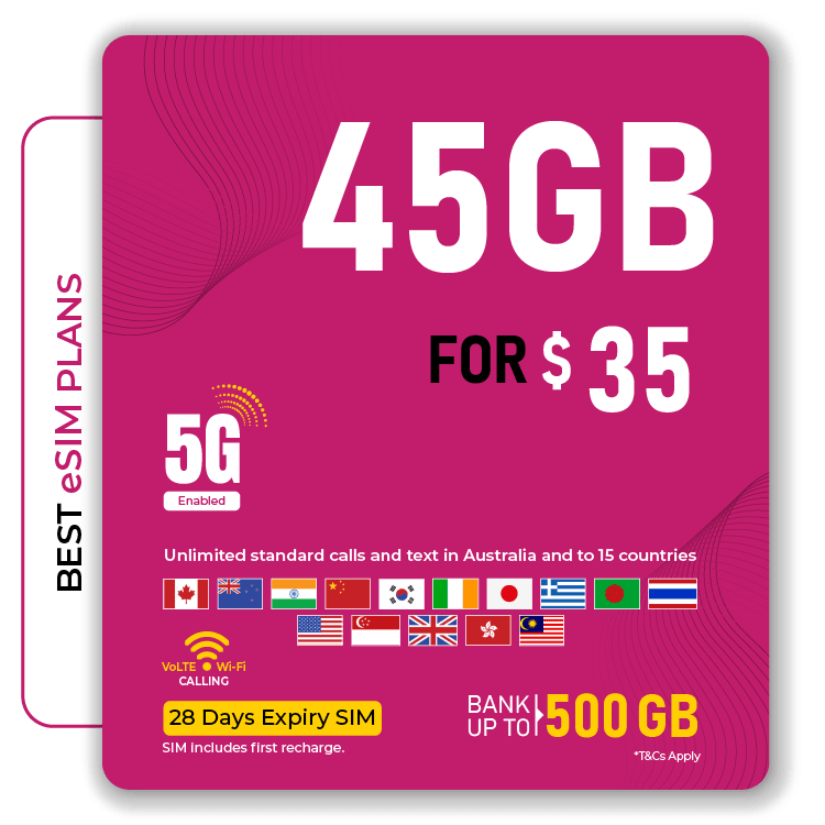 45GB eSIM plan for $35 with unlimited calls and texts in Australia and 15 countries, 5G enabled for fast mobile internet.