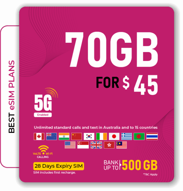 70GB 5G eSIM plan for $45 with unlimited calls and texts in Australia and 15 countries. Fast, reliable, and flexible mobile service.