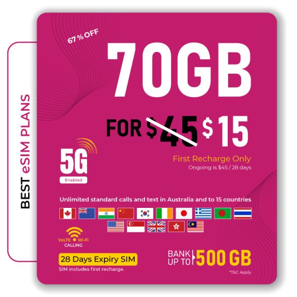 Get 70GB 5G eSIM for $15 with unlimited calls in Australia and to 15 countries on your first recharge. Fast, flexible, and affordable.
