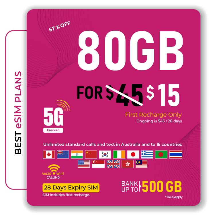 80GB 5G eSIM plan for $45 with unlimited calls and texts in Australia and 15 countries. Fast, reliable, and flexible mobile service.