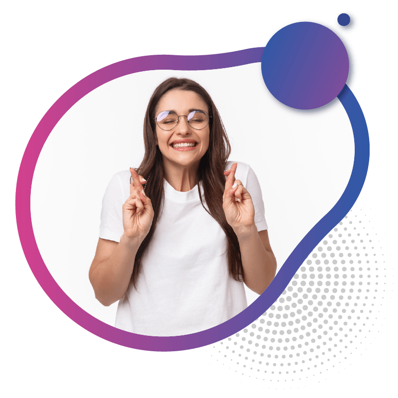 A woman crossing their fingers in a hopeful gesture, symbolizing optimism for their eSIM Australia plan, set against a colorful background.