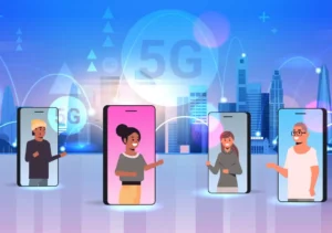 Diverse people using smartphones with 5G in a vibrant cityscape