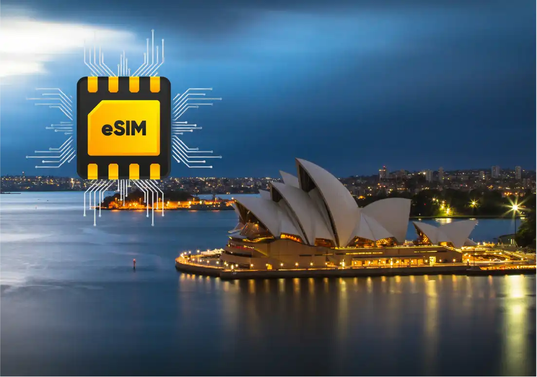 Stunning twilight shot of the Sydney Opera House reflecting in calm waters, symbolising modern Australia and seamless eSIM connectivity.