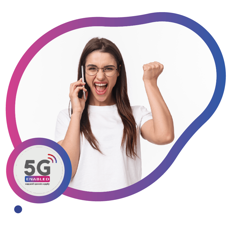 A woman talks on a smartphone, raising a fist in a victorious gesture, with a 5G-enabled logo in the corner, symbolizing seamless eSIM connectivity