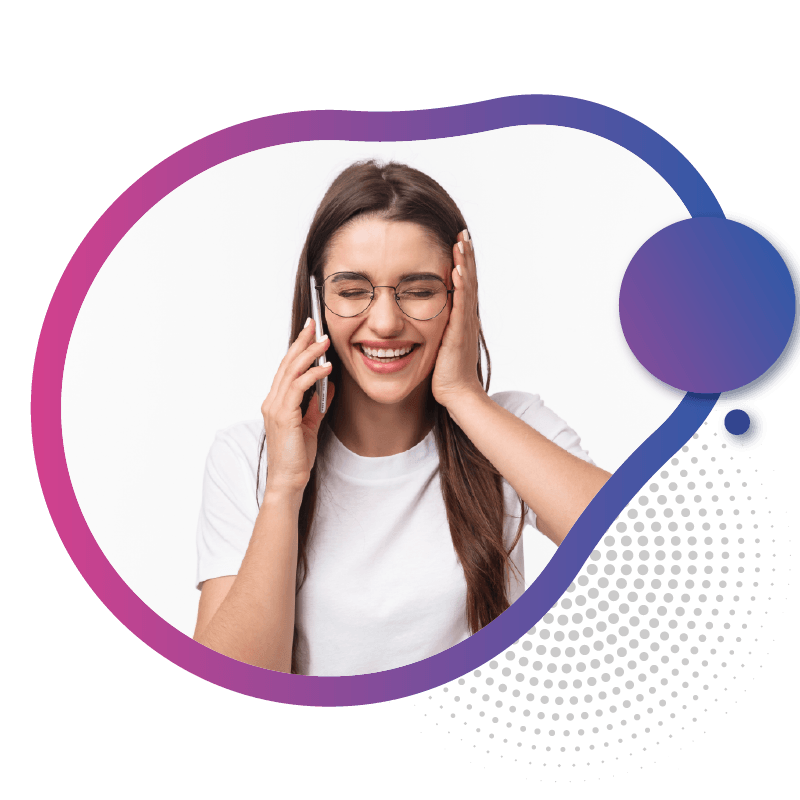 A woman in a white while on a call, hands on face, inside a circular frame symbolizing eSIM connectivity.